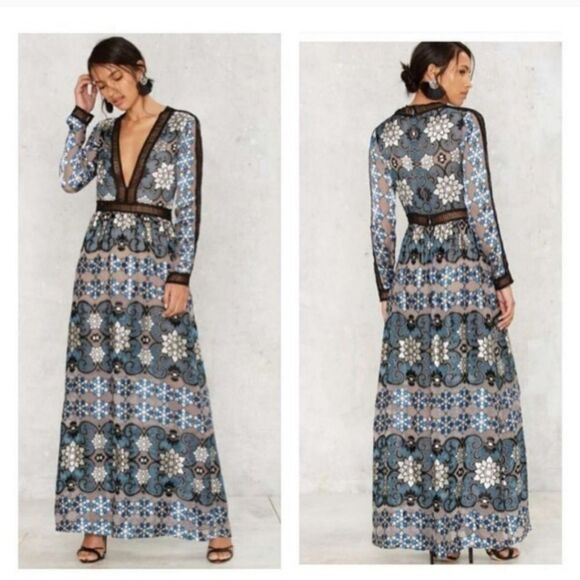 NWT For Love & Lemons Juliet Floral  Lattice Trim A-line‎ Semi Sheer Maxi Dress - Picture 1 of 15